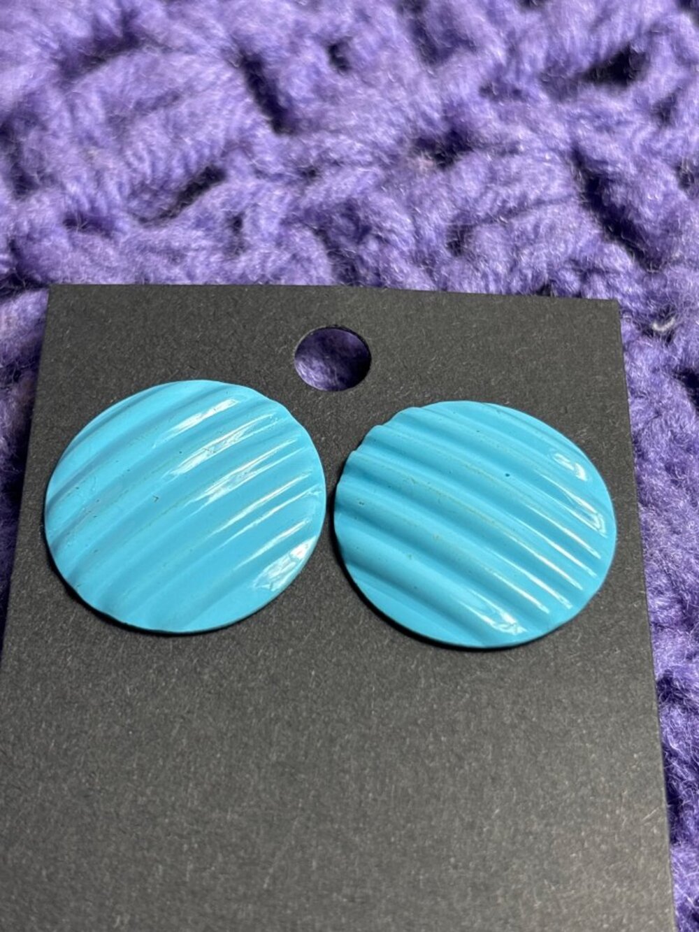 Textured Blue Enameled Metal Round Stud Earrings 7/8 inch